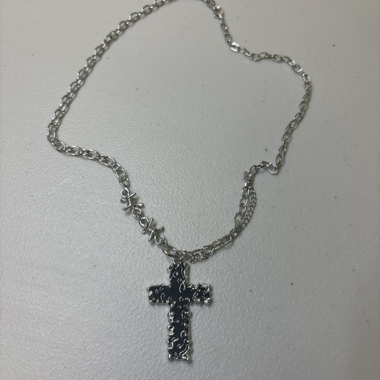 0685 - Black Cross Barbed Cable Necklace