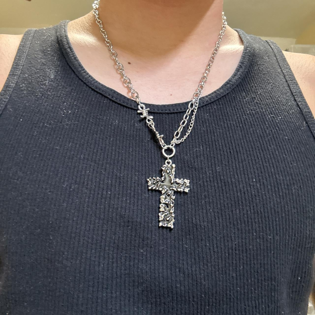 0685 - Black Cross Barbed Cable Necklace