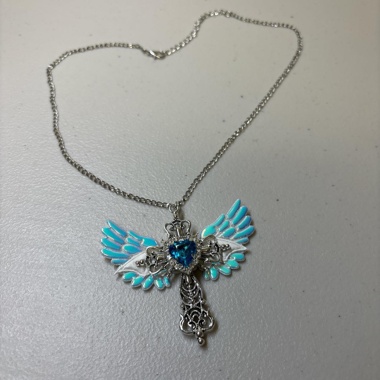 Winged Cross Blue Crystal Necklace