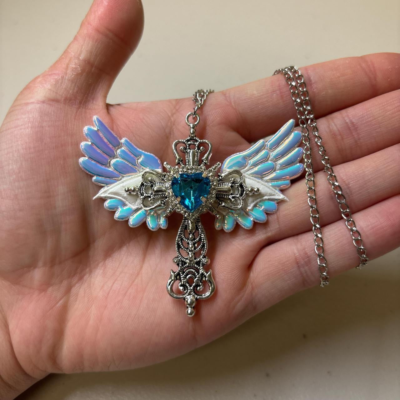 Winged Cross Blue Crystal Necklace