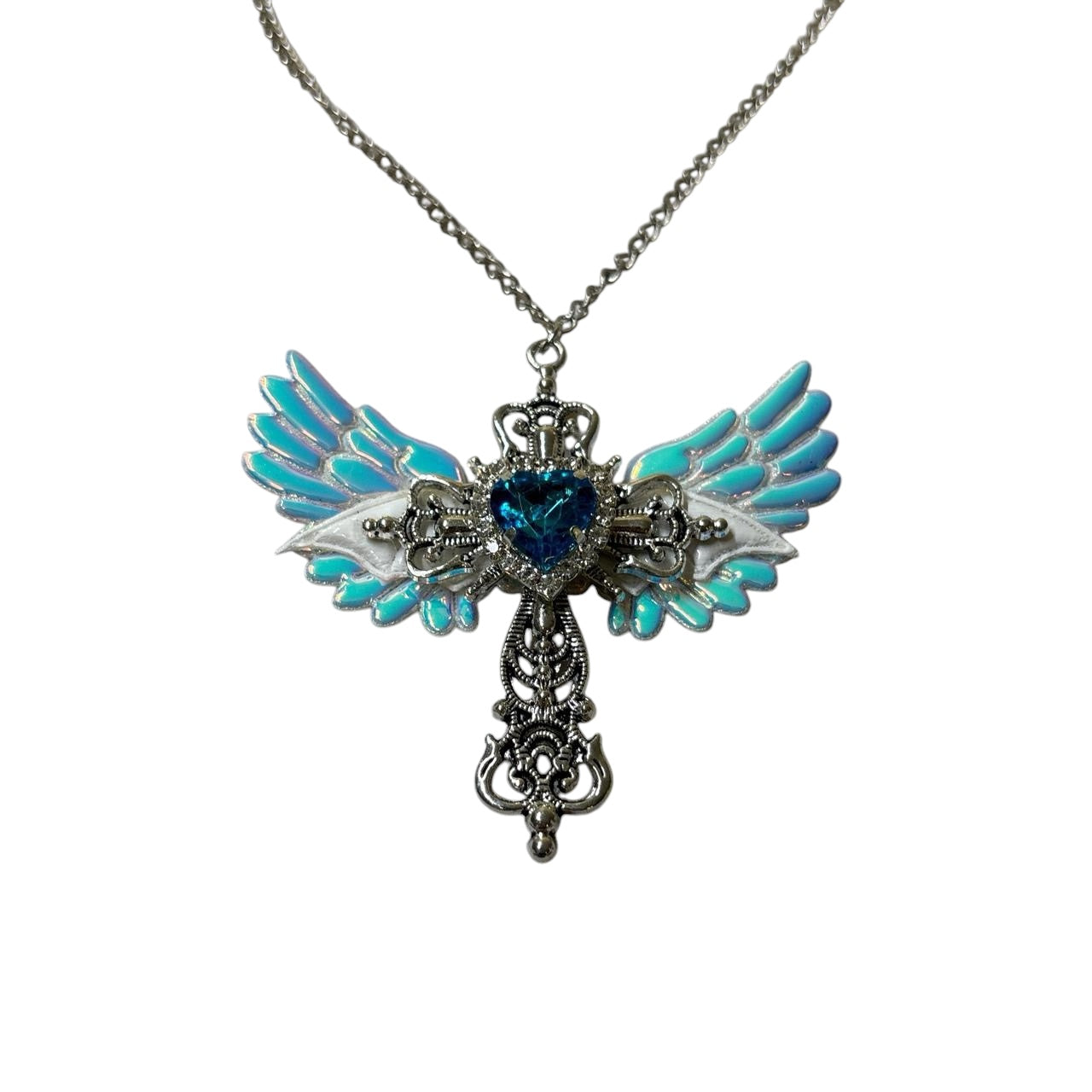 Winged Cross Blue Crystal Necklace