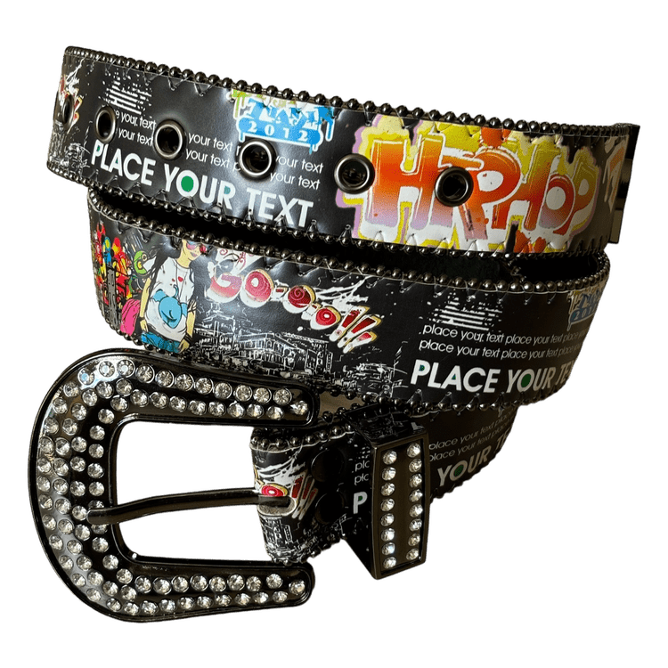 0234 - Rhinestone Buckle Graffiti Belt (Black)