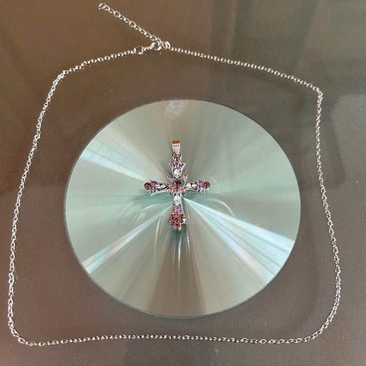 0160 - Y2K Multicolor Rhinestone Cross Necklace