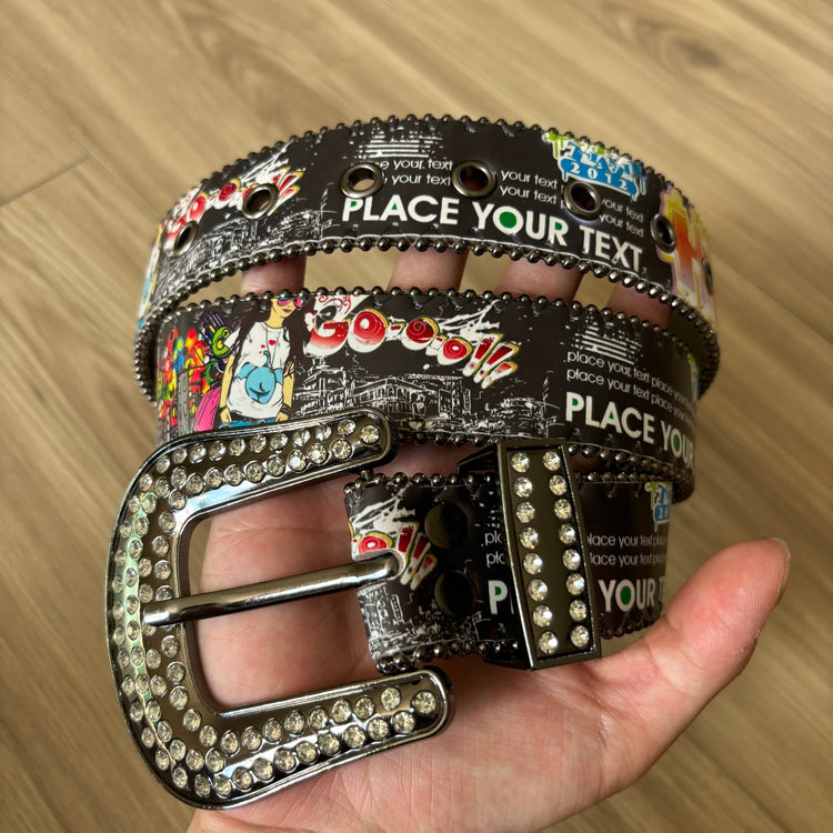 0234 - Rhinestone Buckle Graffiti Belt (Black)