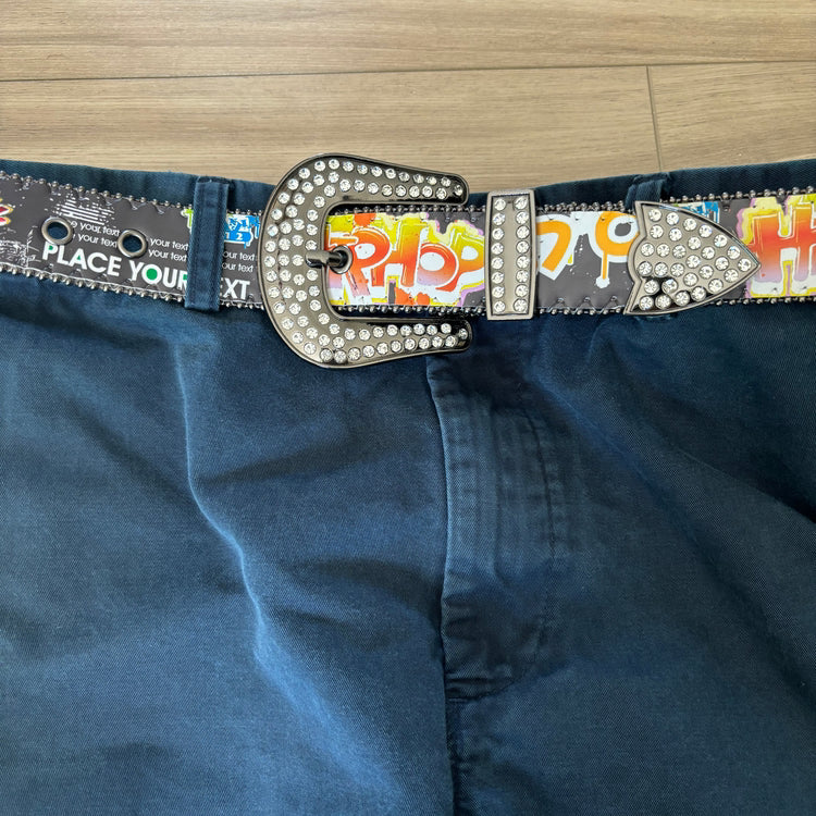 0234 - Rhinestone Buckle Graffiti Belt (Black)