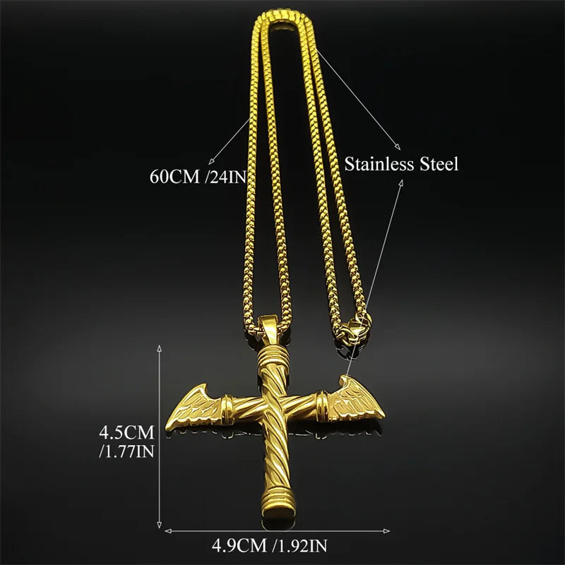 0729 - Gold Winged Cross Necklace