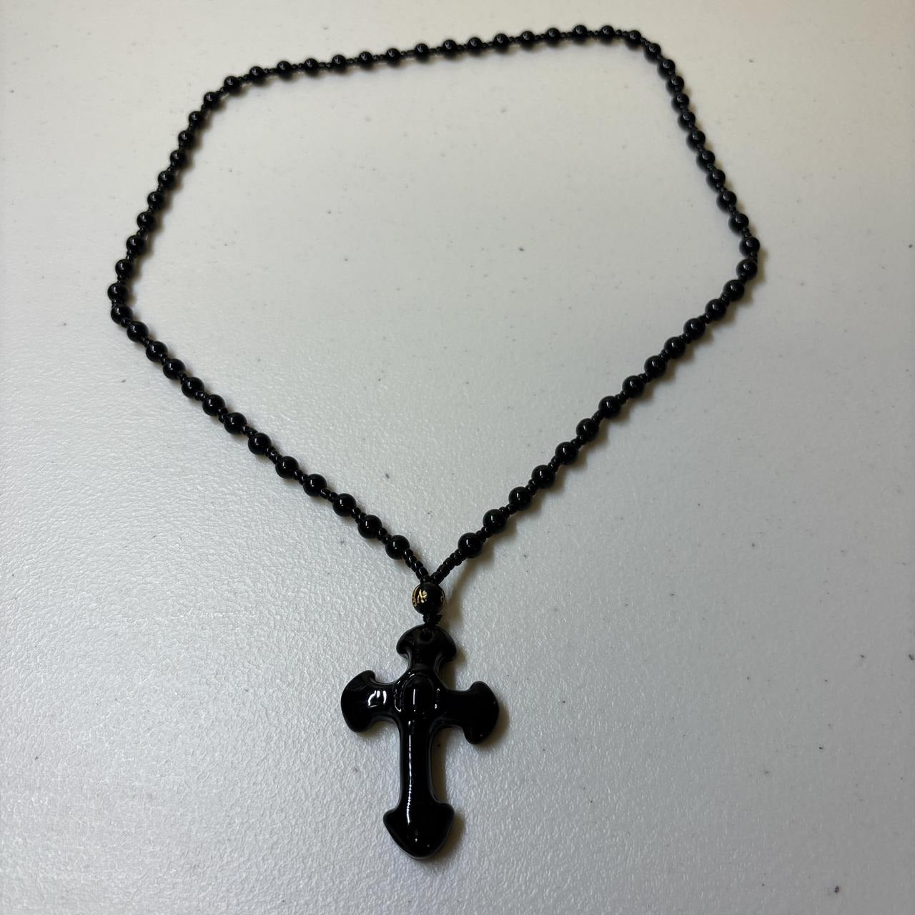 0671 - Natural Obsidian Glass Cross Necklace