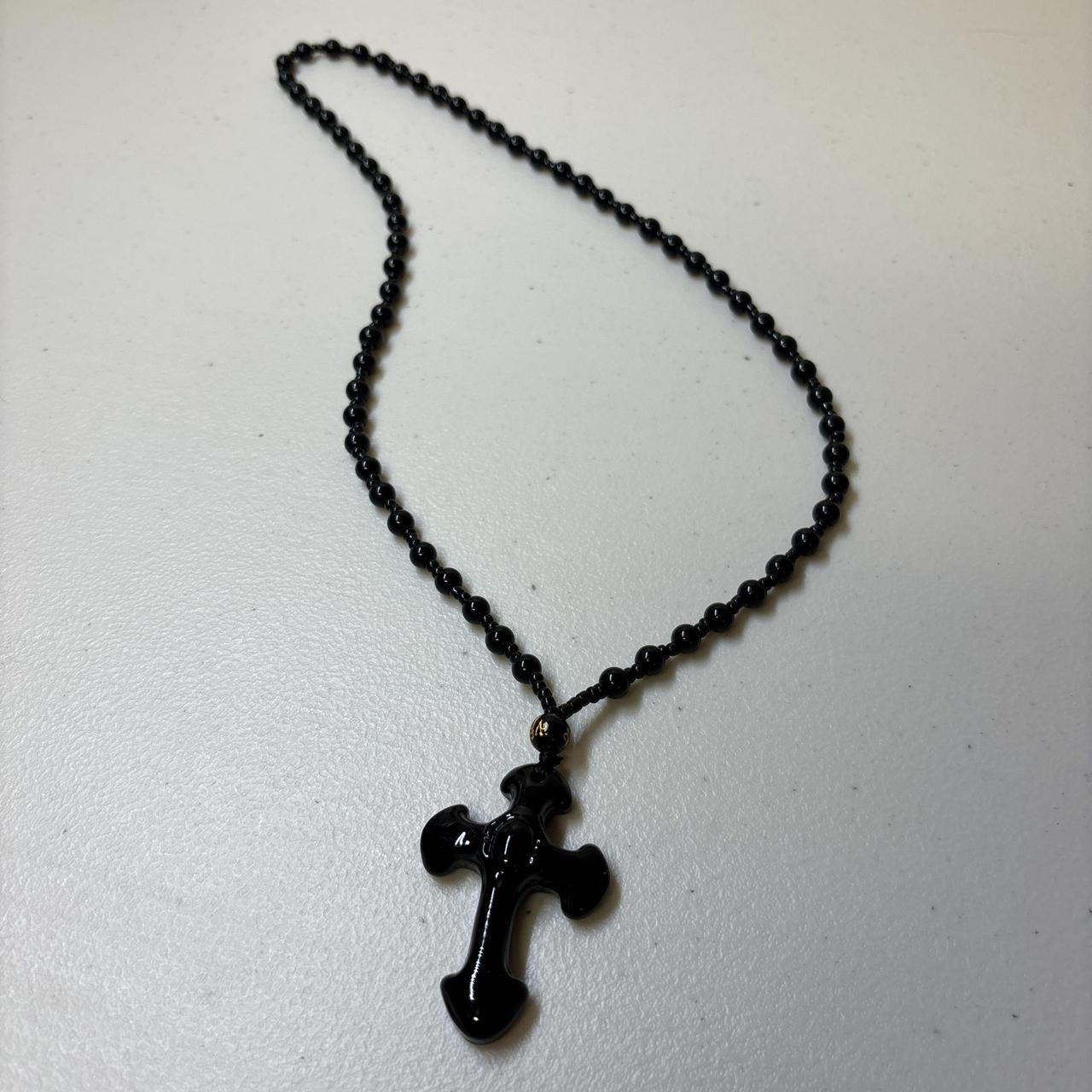 0671 - Natural Obsidian Glass Cross Necklace
