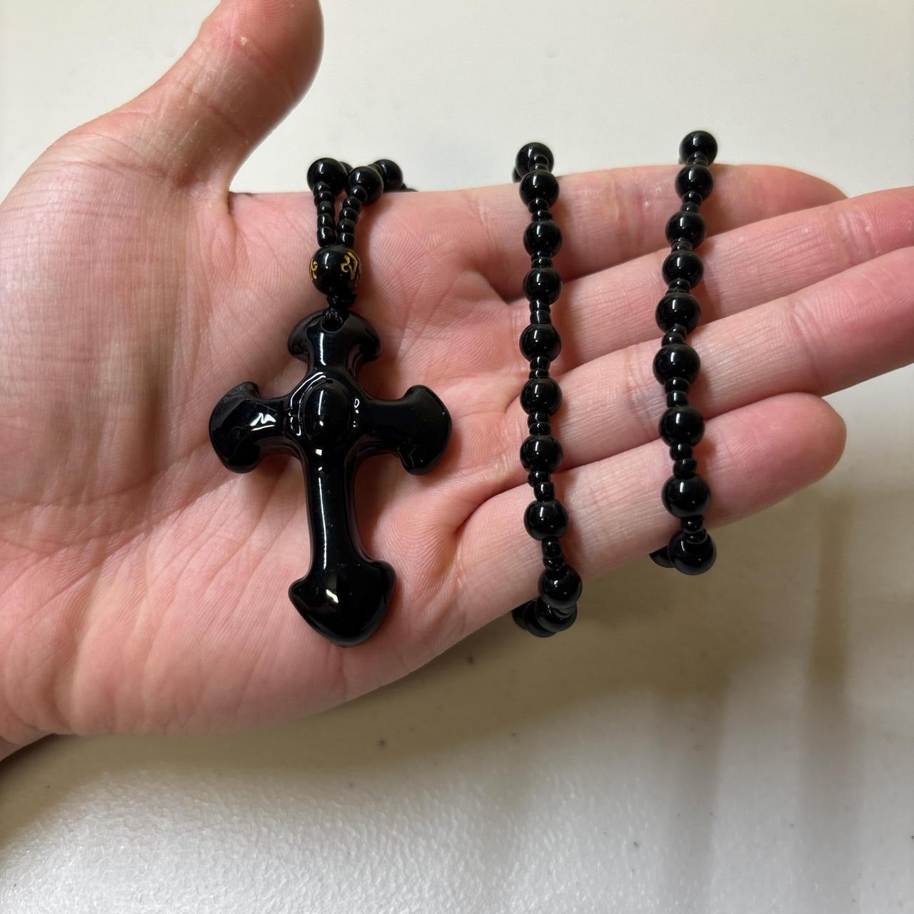 0671 - Natural Obsidian Glass Cross Necklace