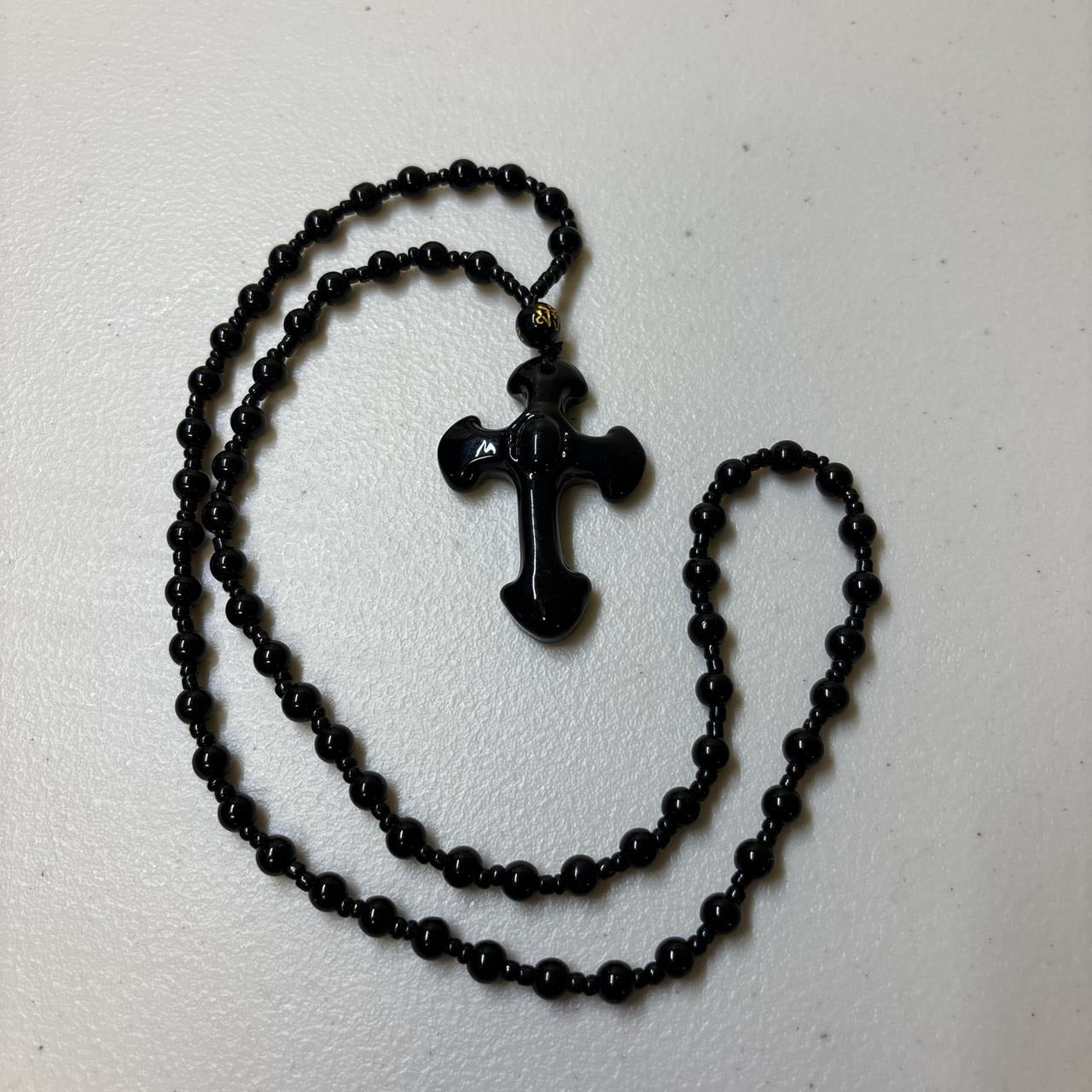 0671 - Natural Obsidian Glass Cross Necklace