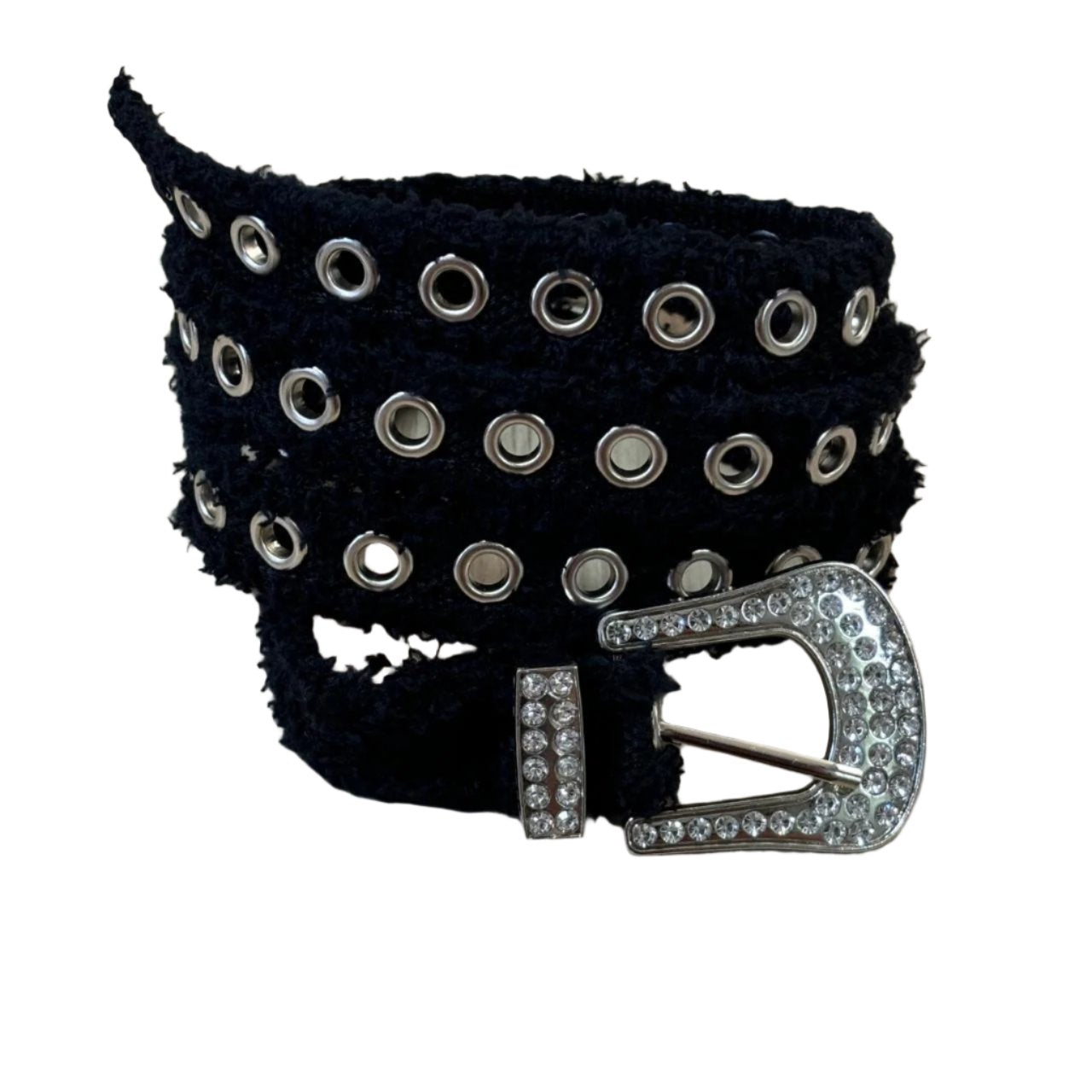 0465 - Distressed Rhinestone Buckle Grommet Belt (Black)