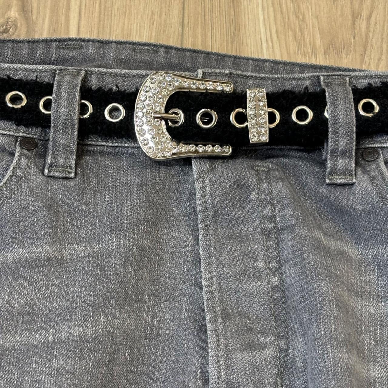 0465 - Distressed Rhinestone Buckle Grommet Belt (Black)