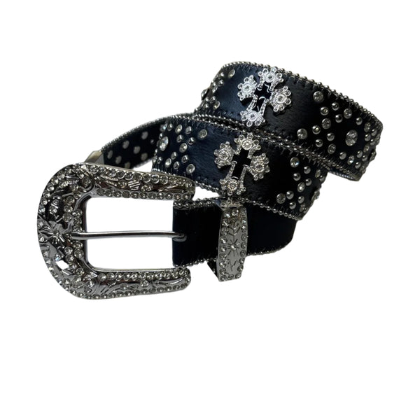 Rhinestone Cross & Angel Wing Genuine Leather Belt - Black with Gold Cross BLING CROSS WESTERN RHINESTONE MOTORCYCLE BLACK GENUINE  main image 2