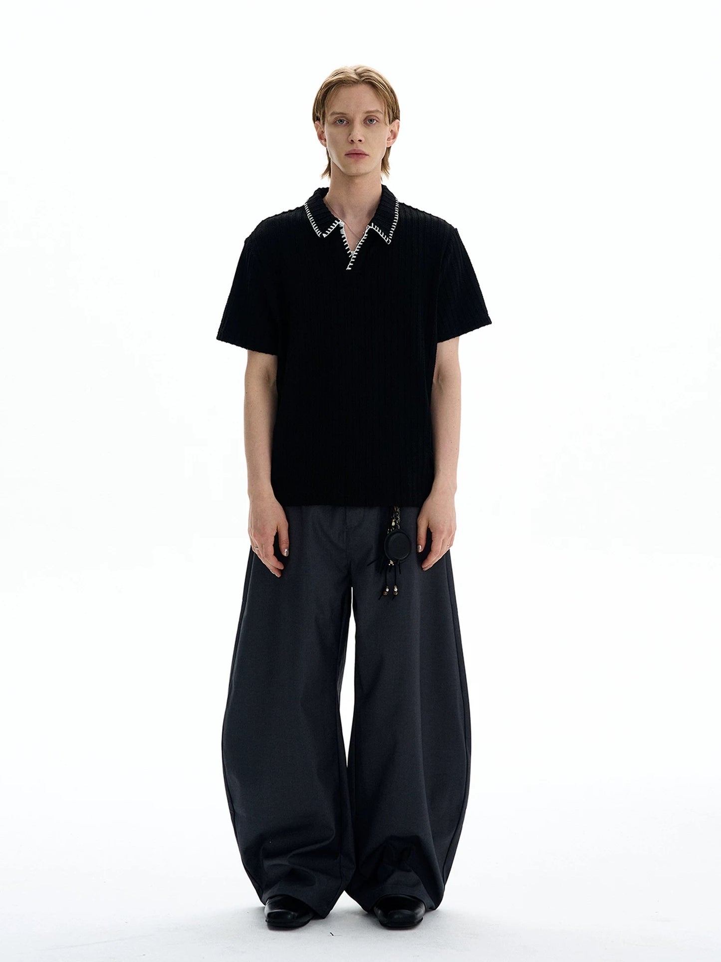Ribbed Knit Polo Shirt
