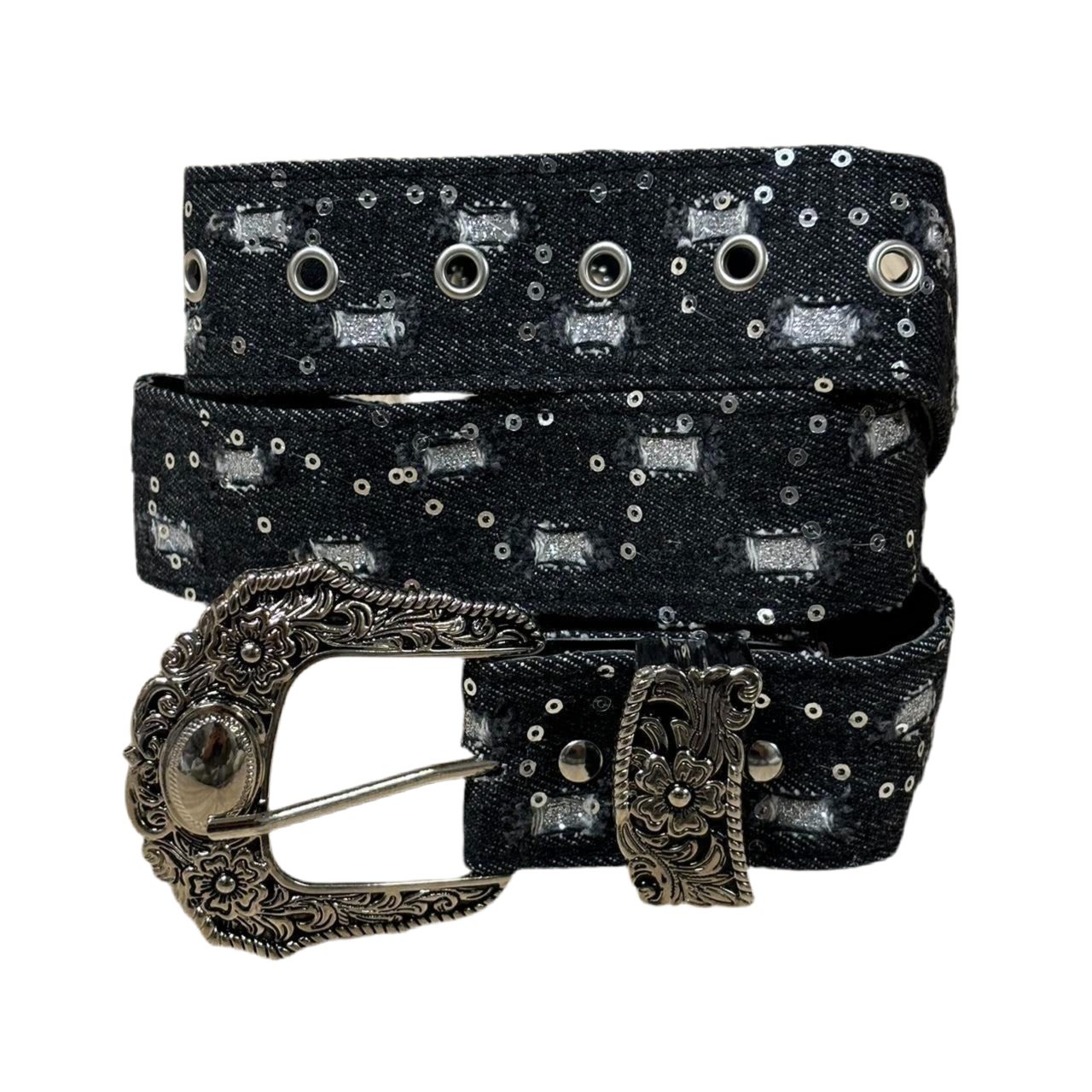 0483 - Distressed Rhinestone Black Denim Belt