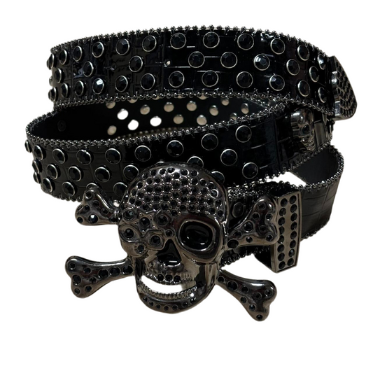 0490 - Black Rhinestone Scale Skull Belt