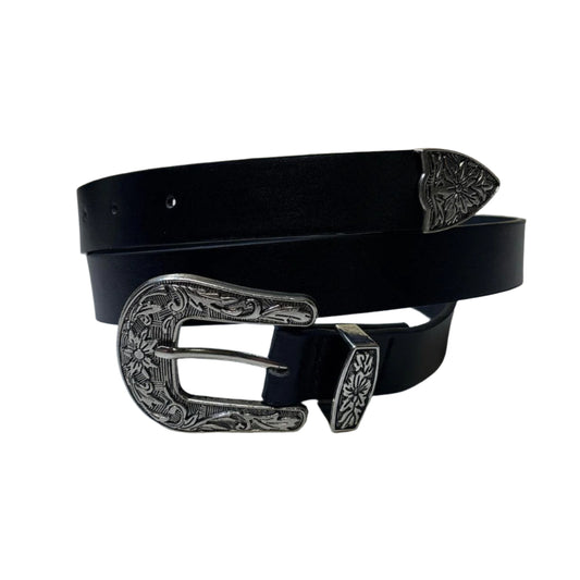 0633 - Floral Engraved Buckle Belt Black