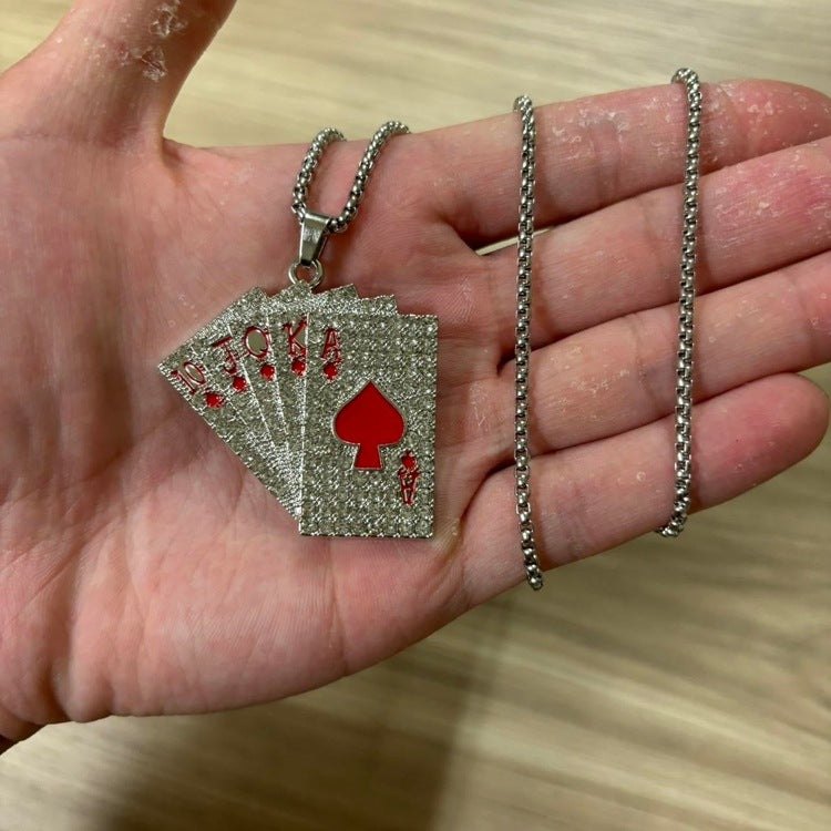 0266 - Rhinestone Poker Card Necklace (Red)