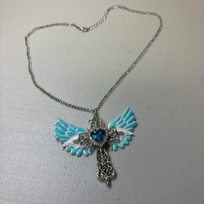 Winged Cross Blue Crystal Necklace