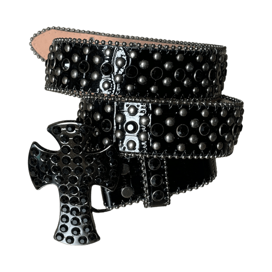 0014 - Rhinestone Cross Buckle Belt (All Black)