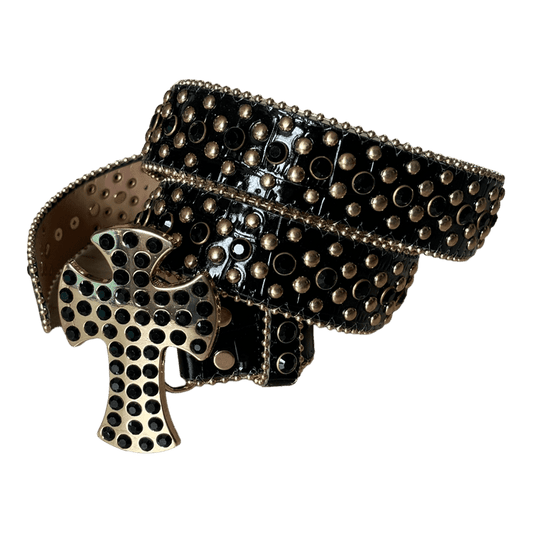 0005 - Rhinestone Cross Buckle Belt (Black Gold)