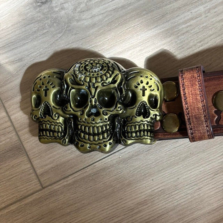 0025 - Triple Skull Buckle Flame Belt (gold)