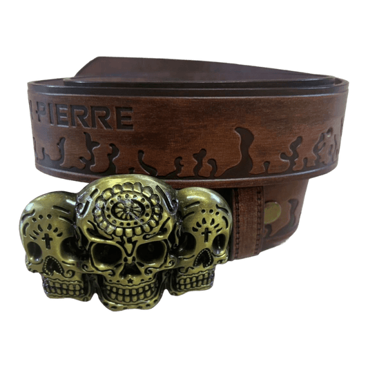 0025 - Triple Skull Buckle Flame Belt (gold)