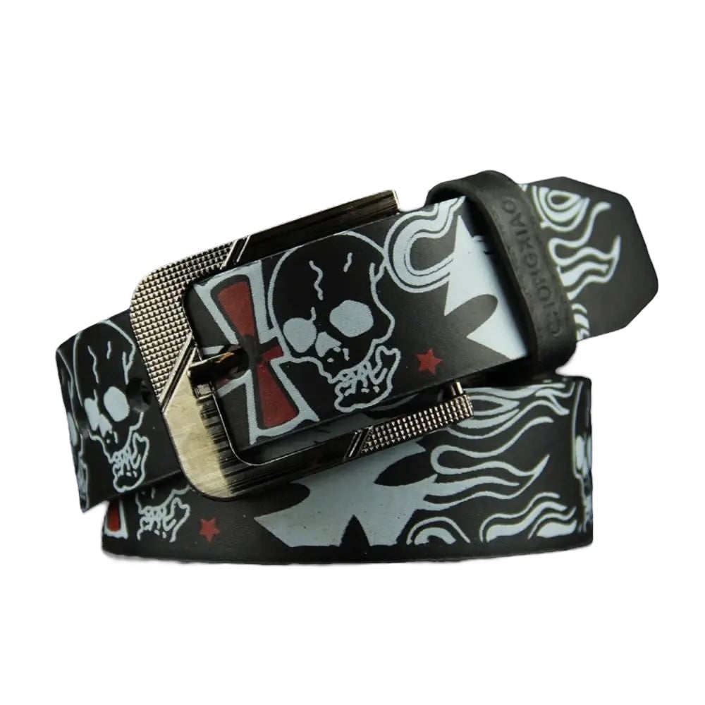 Skull Flame Cross Print Belt