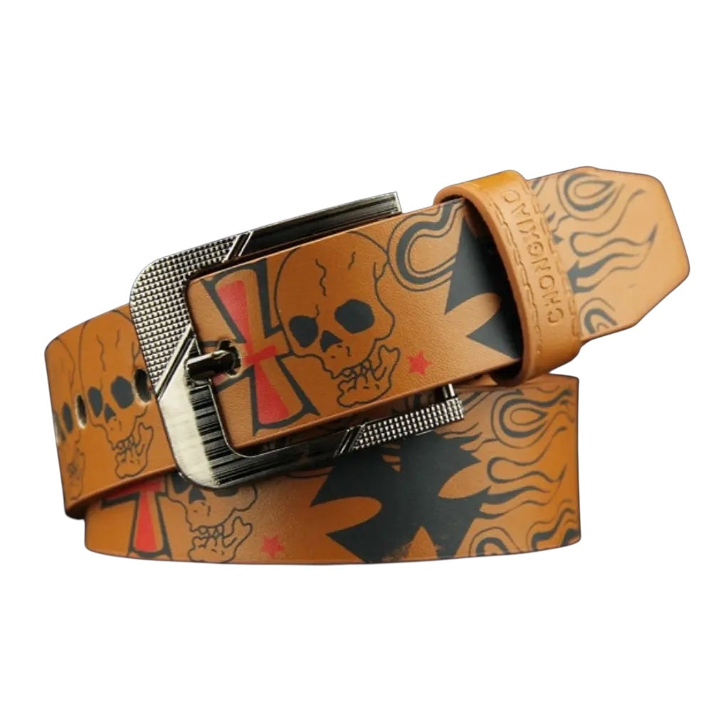 Skull Flame Cross Print Belt