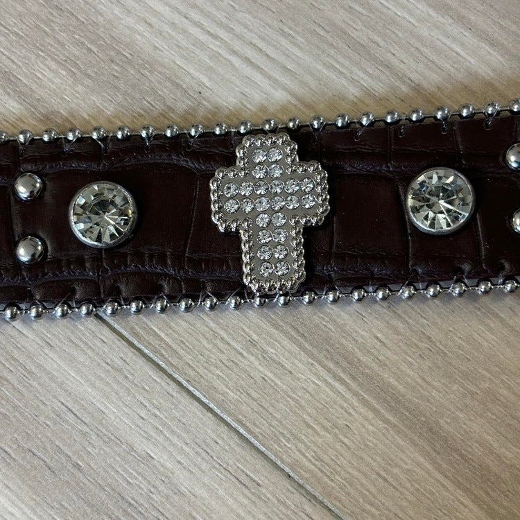 0073 - Brown Rhinestone Cross Belt