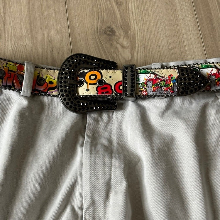 0003 - Rhinestone Buckle Graffiti Belt