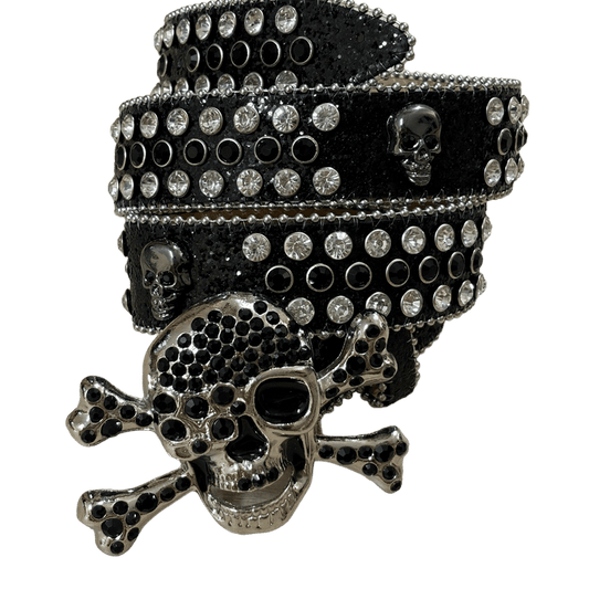 0418 - Black Rhinestone Skull Buckle Belt