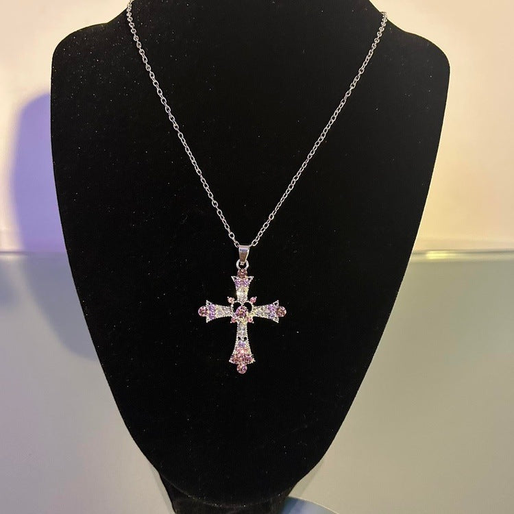 0160 - Y2K Multicolor Rhinestone Cross Necklace