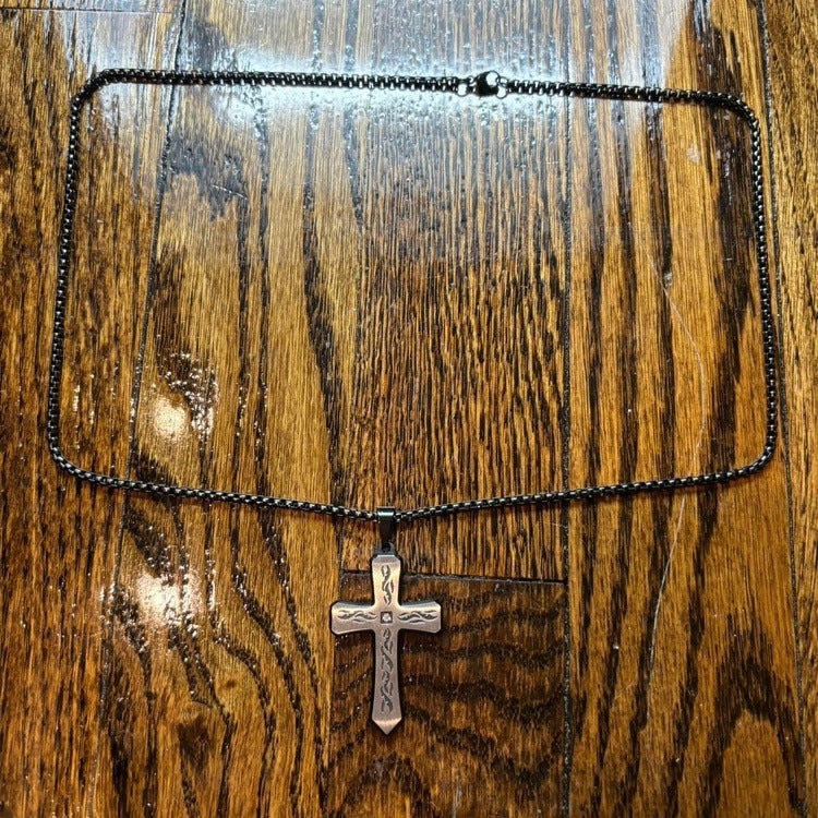 0208 - Flame Engraved Cross Necklace