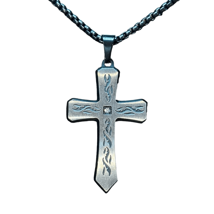 0208 - Flame Engraved Cross Necklace