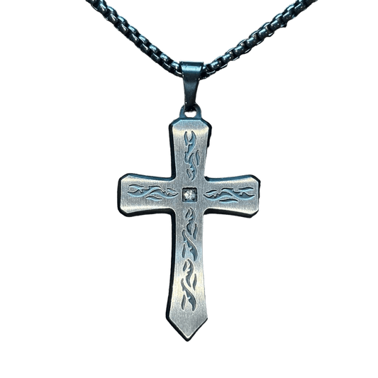 0208 - Flame Engraved Cross Necklace