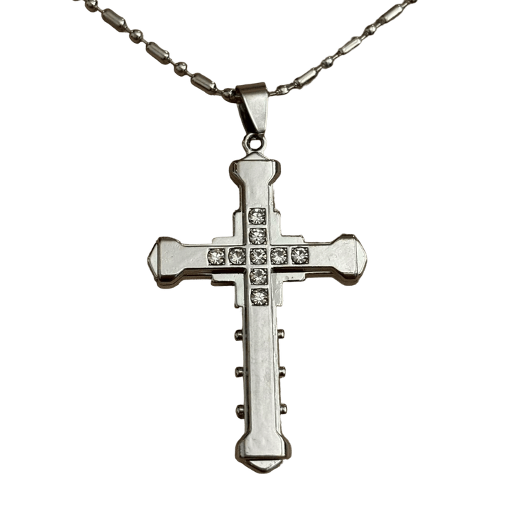 0303 - Mecha Diamond Cross Necklace (Silver)