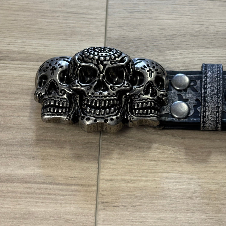 0070 - Triple Skull Buckle Flame Belt