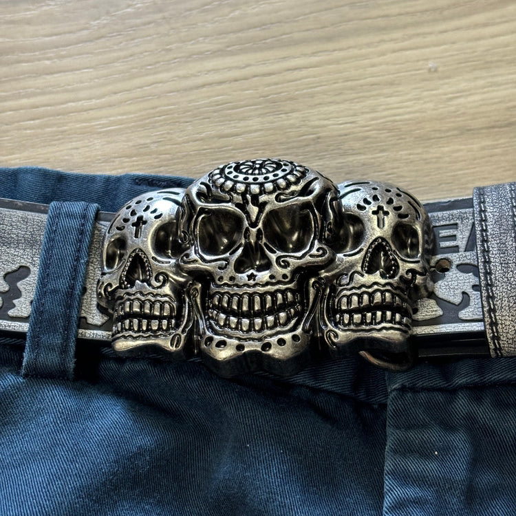 0070 - Triple Skull Buckle Flame Belt