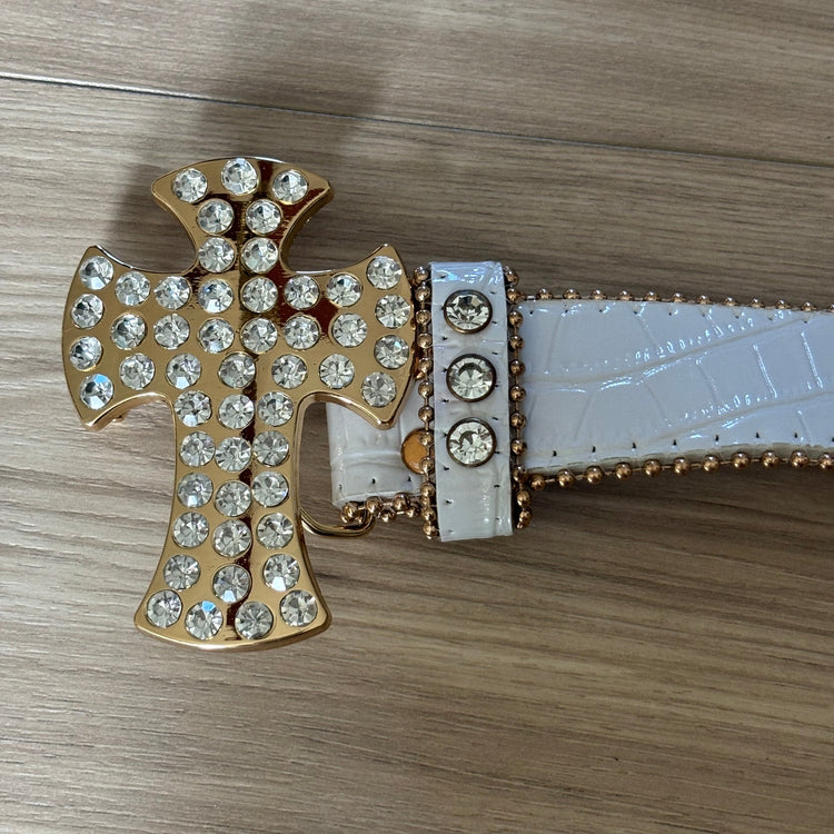 0006 - Rhinestone Cross Buckle Belt (White Gold)