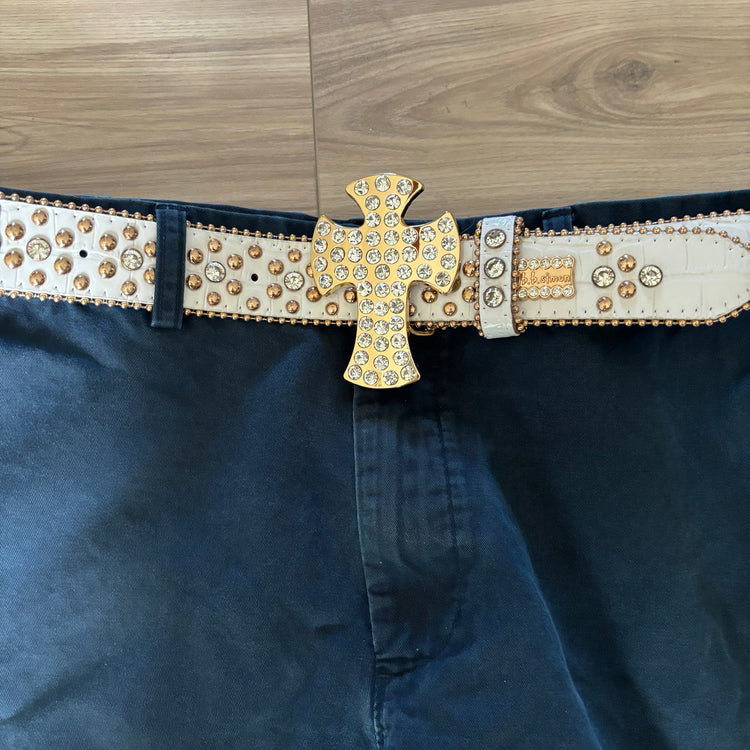 0006 - Rhinestone Cross Buckle Belt (White Gold)