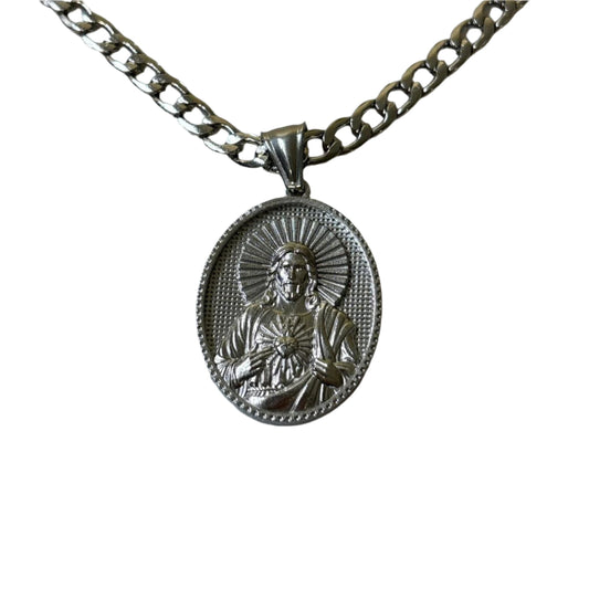 0626 - Silver Jesus Pendant Cuban Chain