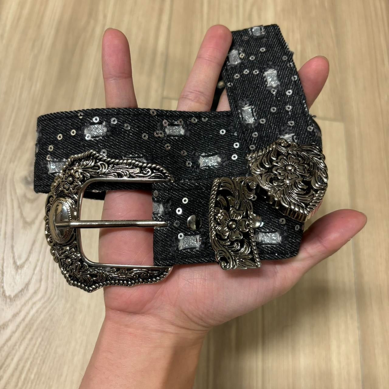 0483 - Distressed Rhinestone Black Denim Belt