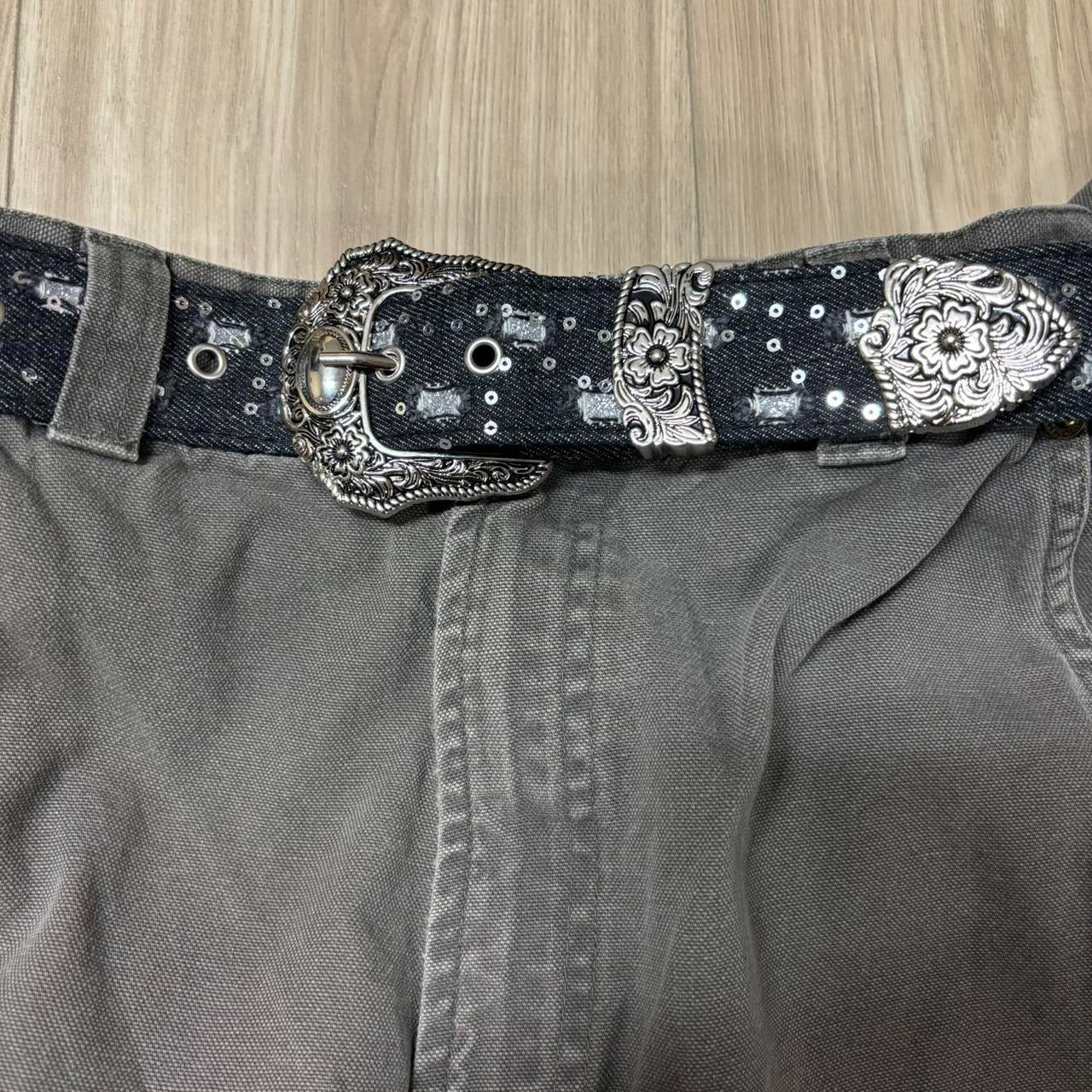 0483 - Distressed Rhinestone Black Denim Belt