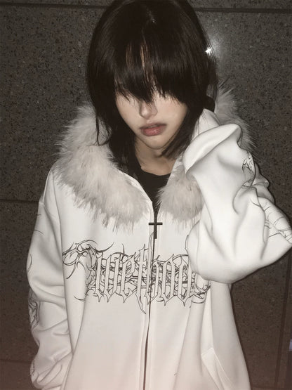 Gothic Tattoo Print Faux Fur Hooded Sweatshirt