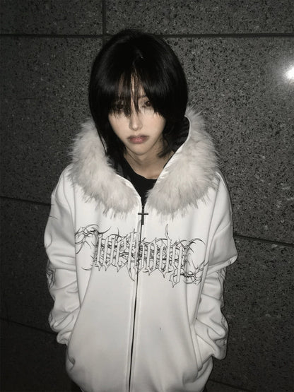 Gothic Tattoo Print Faux Fur Hooded Sweatshirt