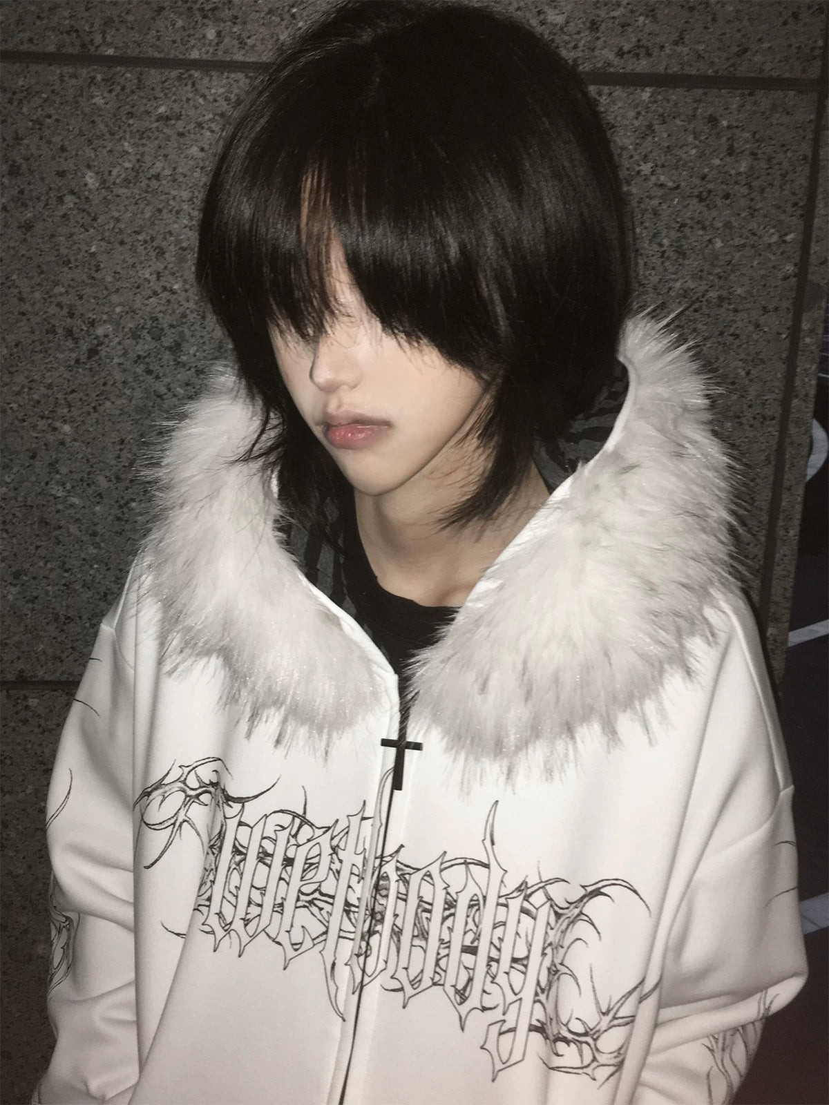 Gothic Tattoo Print Faux Fur Hooded Sweatshirt