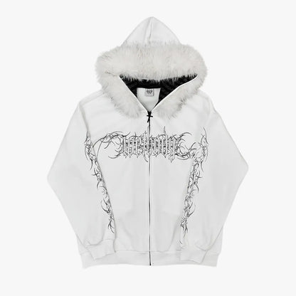 Gothic Tattoo Print Faux Fur Hooded Sweatshirt