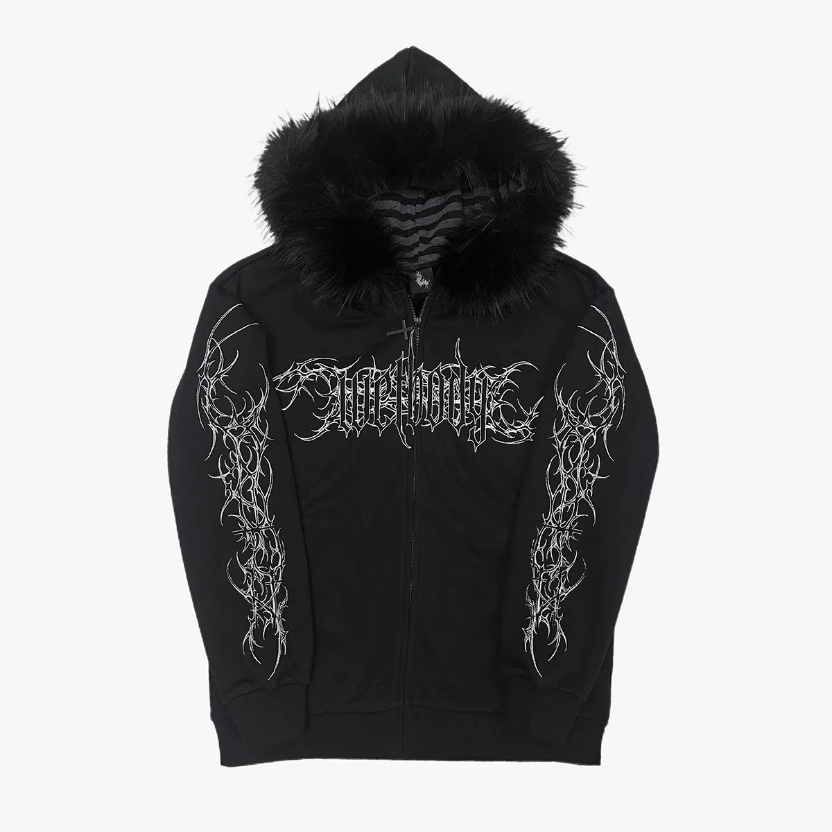 Gothic Tattoo Print Faux Fur Hooded Sweatshirt