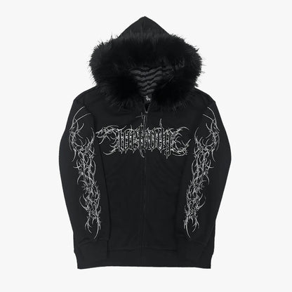 Gothic Tattoo Print Faux Fur Hooded Sweatshirt